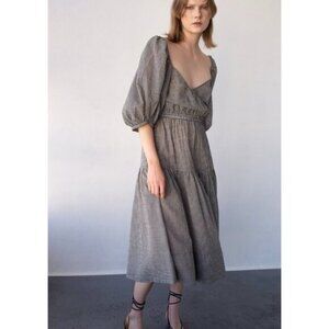 Shaina Mote Gilot Linen Blend Midi Dress - Black/White Gingham